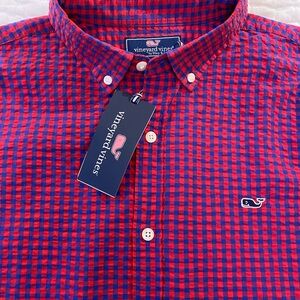 Vineyard Vines Men's Red and Blue Checkered Shirt